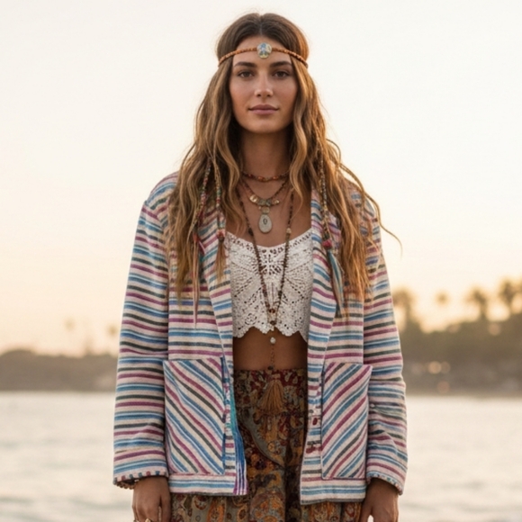 Zara Jackets & Blazers - NWT Zara L Lagenlook Boho Hippie  Rainbow Neon Striped Oversized Leslie Shirt